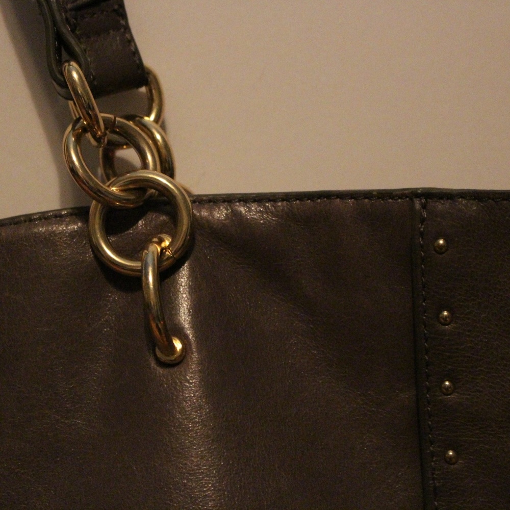 Badgley Mischka Warm Grey n Gold Leather Bag Purse - Picture 3 of 7